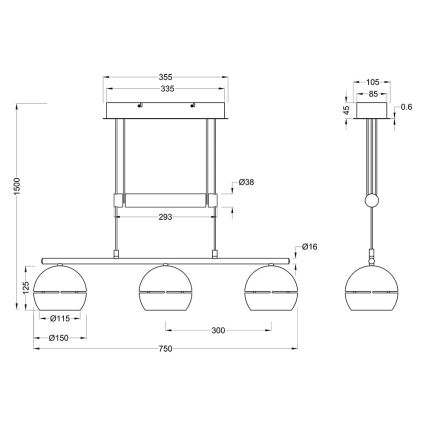 Trio - Подвесная люстра FLETCHER 3xE14/40W/230V латунь