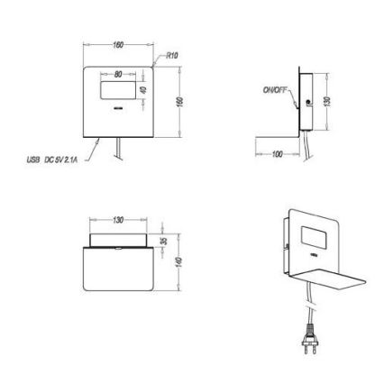 Trio - Светодиодный настенный светильник с полкой ALOFT LED/3W/230V + USB-порт