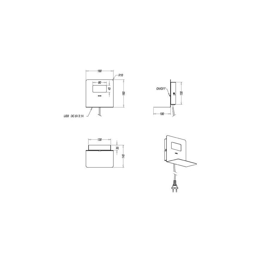 Trio - Светодиодный настенный светильник с полкой ALOFT LED/3W/230V + USB-порт