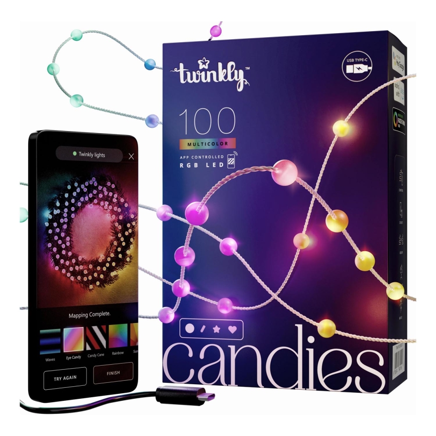 Twinkly - LED RGB з регулюванням яскравості різдвяна гірлянда CANDIES 100xLED 8 м USB Wi-Fi