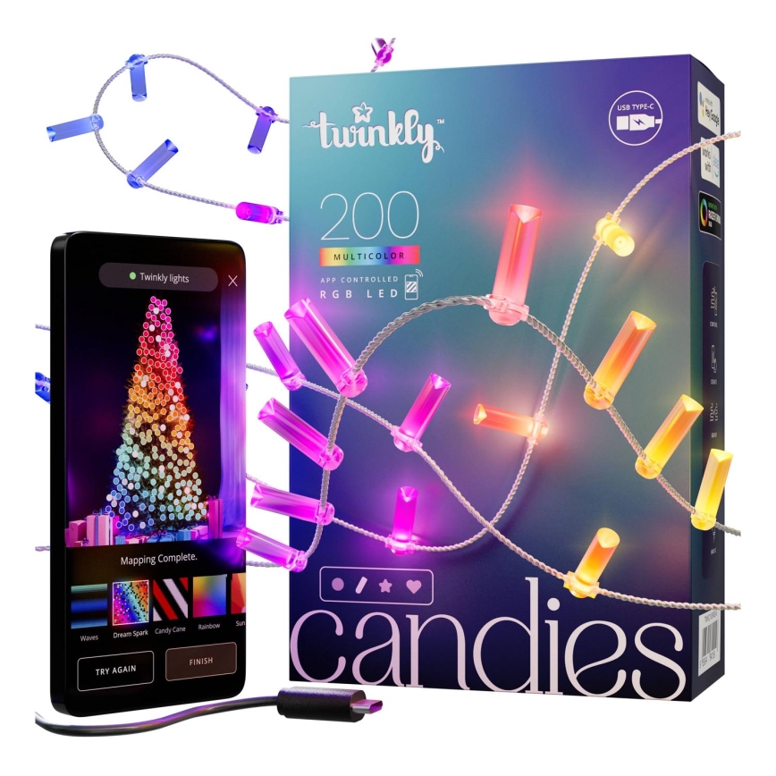 Twinkly - LED RGB з регулюванням яскравості різдвяна гірлянда CANDIES 200xLED 14 м USB Wi-Fi