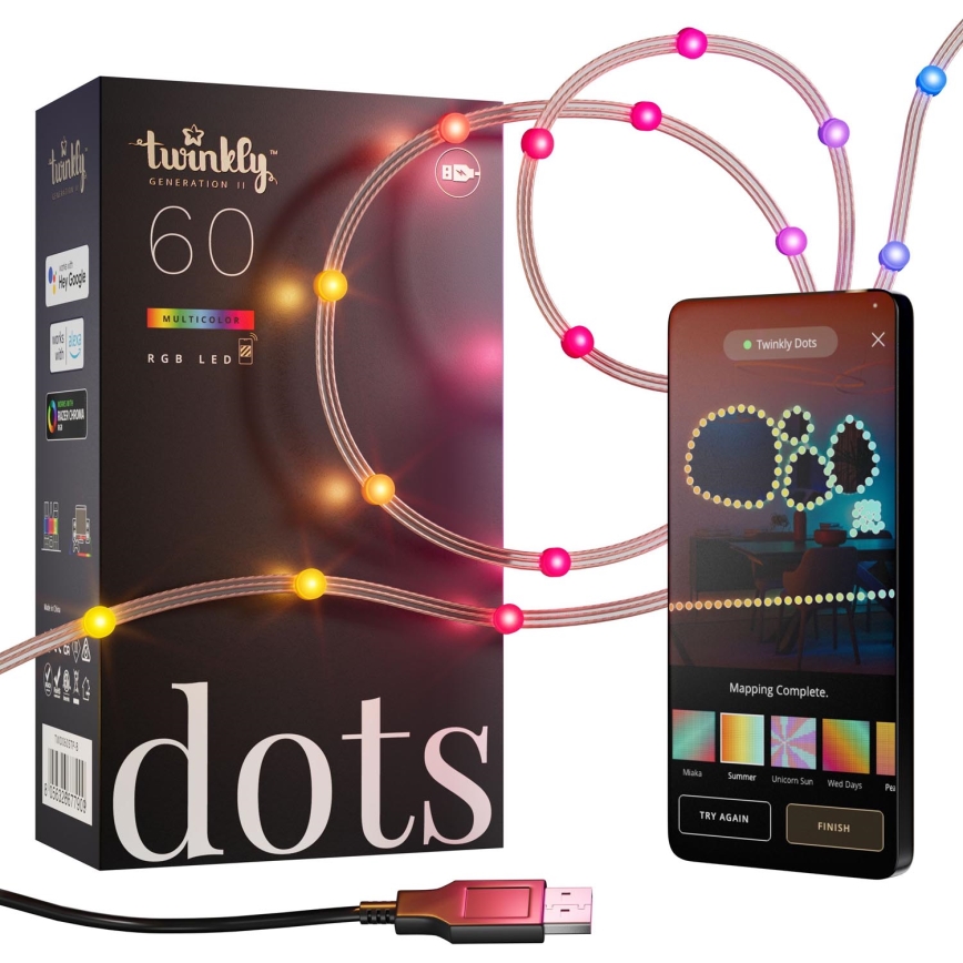 Twinkly - RGB LED гірлянда DOTS, 60 світлодіодів, 7 м, USB, Wi-Fi, з регульованою яскравістю