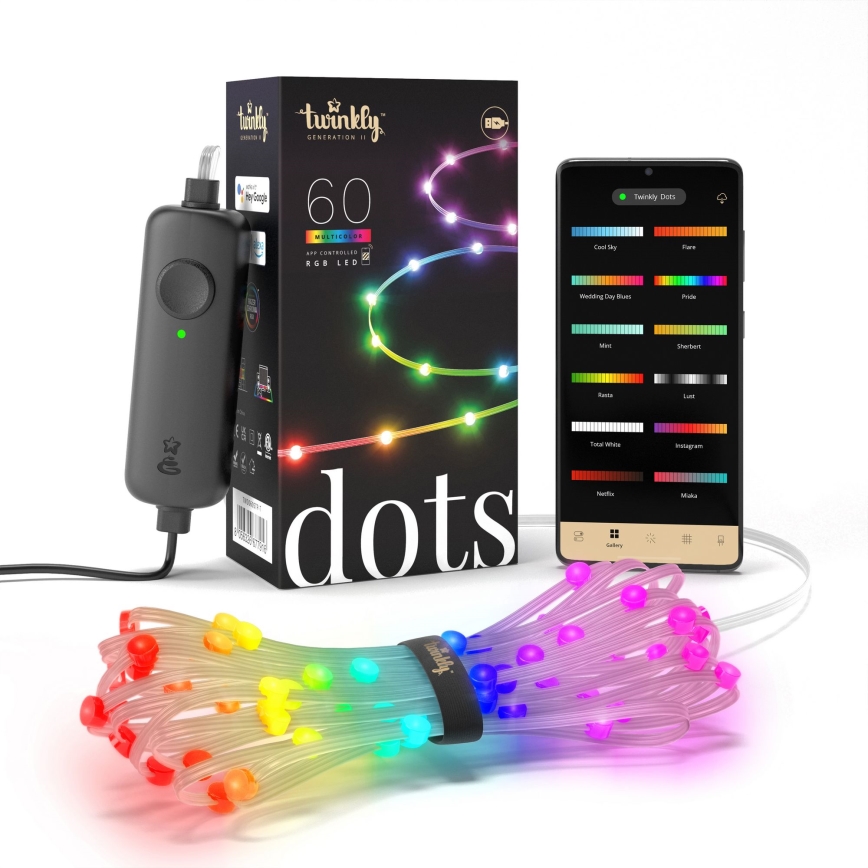 Twinkly - RGB LED різдвяна гірлянда DOTS, 60 світлодіодів, 7 м, USB, Wi-Fi, з можливістю регулювання яскравості