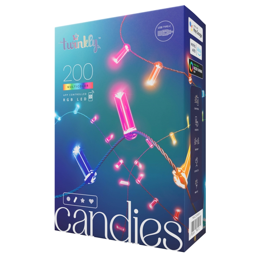 Twinkly - LED RGB з регулюванням яскравості різдвяна гірлянда CANDIES 200xLED 14 м USB Wi-Fi