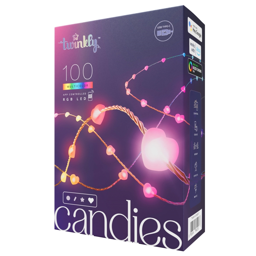 Twinkly - LED RGB з регулюванням яскравості різдвяна гірлянда CANDIES 100xLED 8 м USB Wi-Fi
