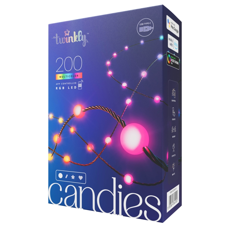 Twinkly - LED RGB з регулюванням яскравості різдвяна гірлянда CANDIES 200xLED 14 м USB Wi-Fi