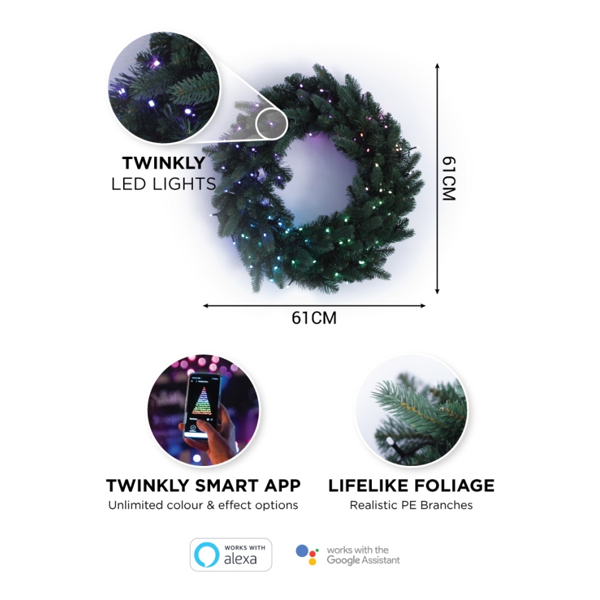 Twinkly - Светодиодный рождественский RGB-венок с регулированием яркости PRE-LIT WREATH 50xLED диаметр 61 см Wi-Fi