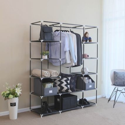 Тканевый шкаф для хранения с полками и штангой MATIS 150x175x45 см чёрный