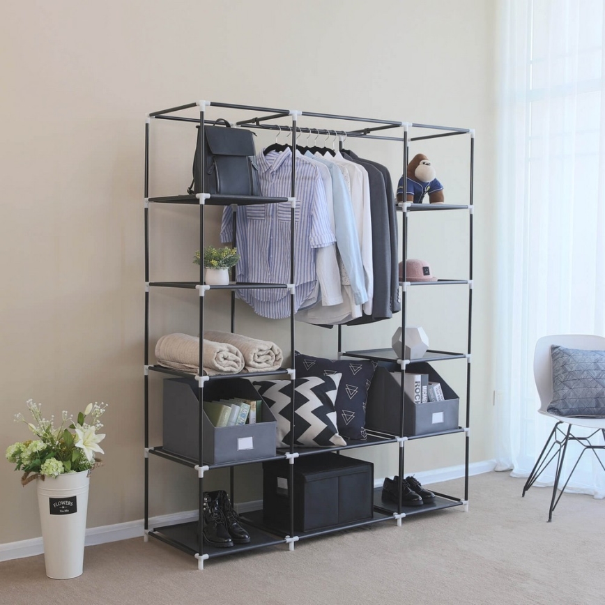 Тканевый шкаф для хранения с полками и штангой MATIS 150x175x45 см чёрный