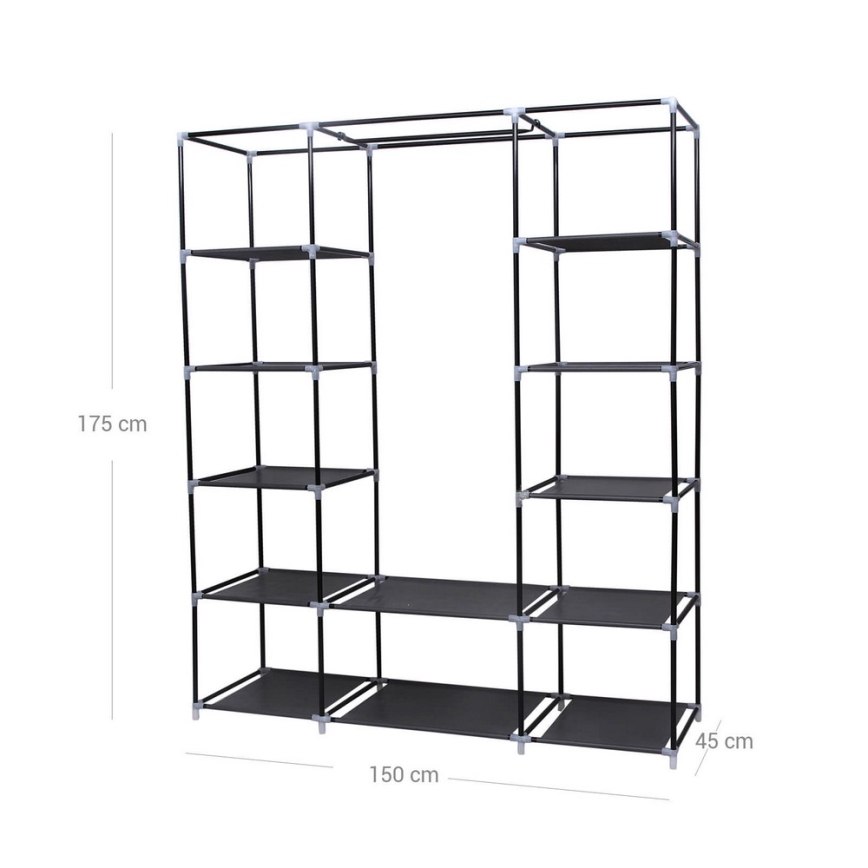 Тканевый шкаф для хранения с полками и штангой MATIS 150x175x45 см чёрный