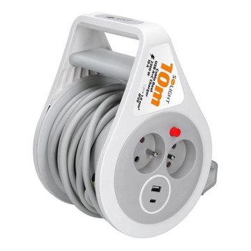 Удлинитель на катушке, 2 розетки + USB A и C, 10 м