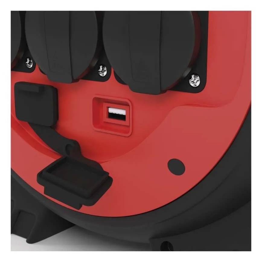 Удлинительный кабель на катушке 3 розетки 20 м красно-черный IP44