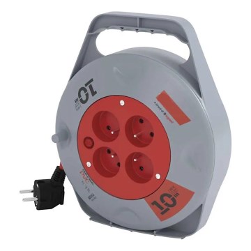 Удлинитель на катушке с 4 розетками, 10 м, серый/красный