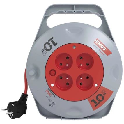 Удлинитель на катушке с 4 розетками, 10 м, серый/красный