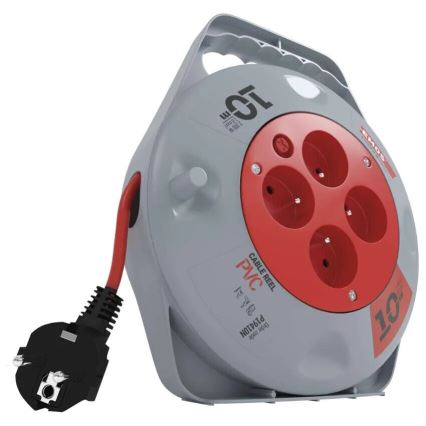 Удлинитель на катушке с 4 розетками, 10 м, серый/красный