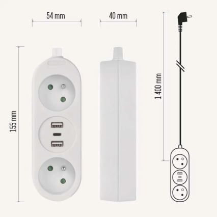 Удлинитель с 2 розетками, 2× USB-A и USB-C, 1,4 м