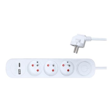 Удлинитель с выключателем 3 розетки + 2xUSB, 2 м, белый