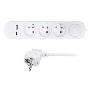 Удлинитель с выключателем, 3 розетки и USB‑зарядкой (A и C), длина 5 м
