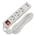 Удлинитель с выключателем — 3 розетки (SCHUKO), 2×USB‑A и 1×USB‑C, длина кабеля 3 м, белый