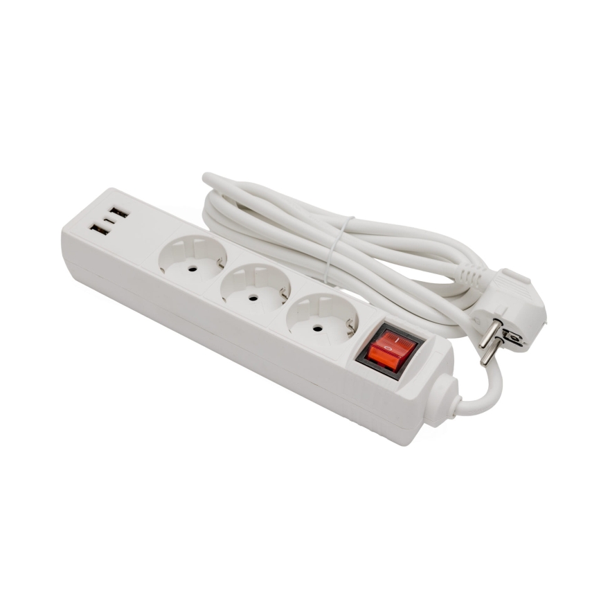 Удлинитель с выключателем — 3 розетки (SCHUKO), 2×USB‑A и 1×USB‑C, длина кабеля 3 м, белый