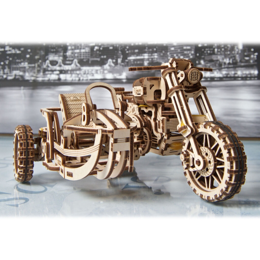 Ugears - 3D деревянная механическая головоломка Мотоцикл Scrambler с тележкой