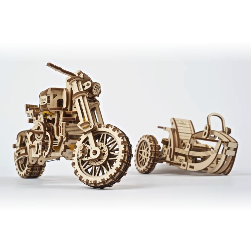 Ugears - 3D деревянная механическая головоломка Мотоцикл Scrambler с тележкой