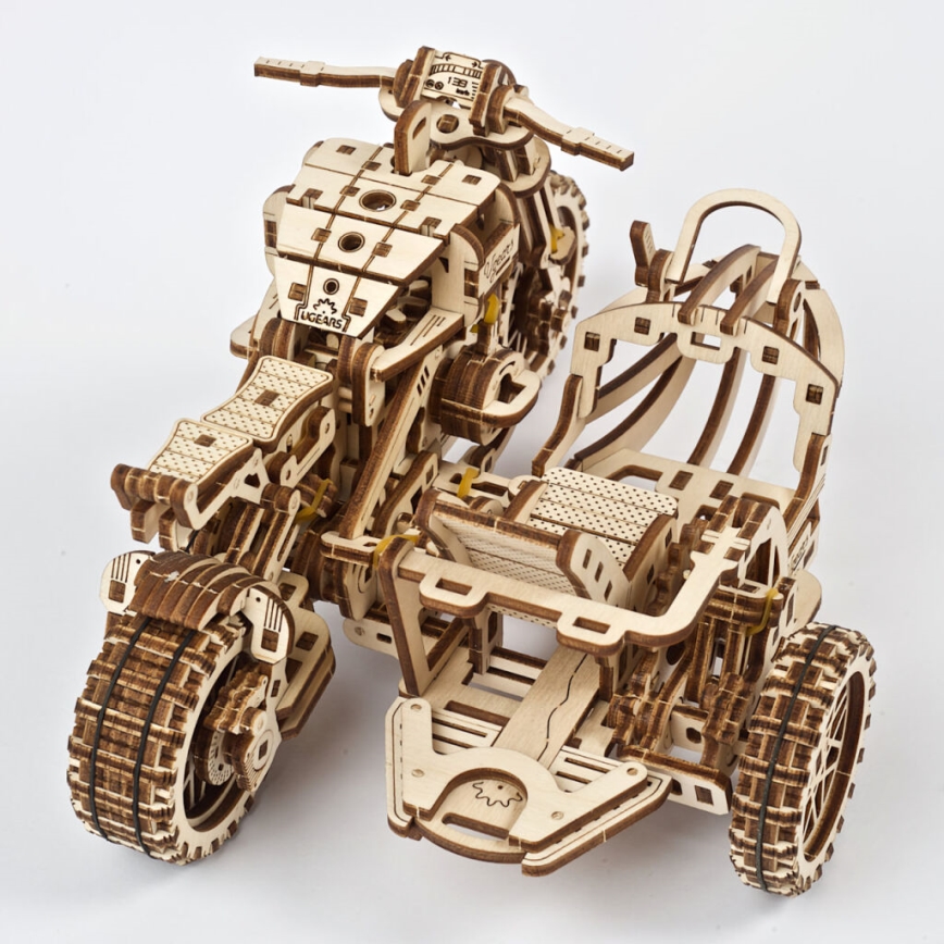 Ugears - 3D деревянная механическая головоломка Мотоцикл Scrambler с тележкой