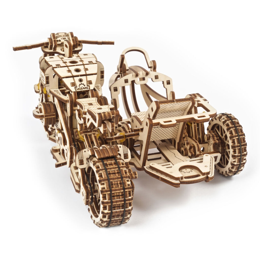 Ugears - 3D деревянная механическая головоломка Мотоцикл Scrambler с тележкой