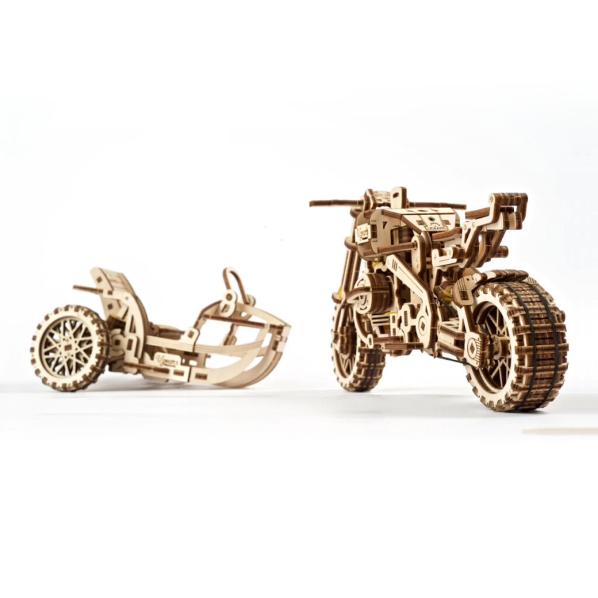 Ugears - 3D деревянная механическая головоломка Мотоцикл Scrambler с тележкой