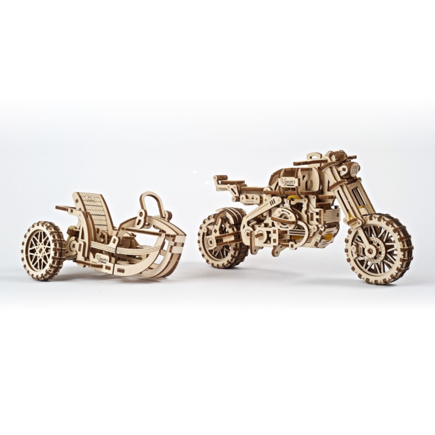 Ugears - 3D деревянная механическая головоломка Мотоцикл Scrambler с тележкой