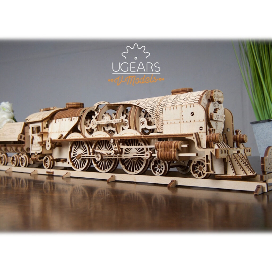 Ugears - Деревянная механическая 3D-головоломка V-Express паровоз с тендером
