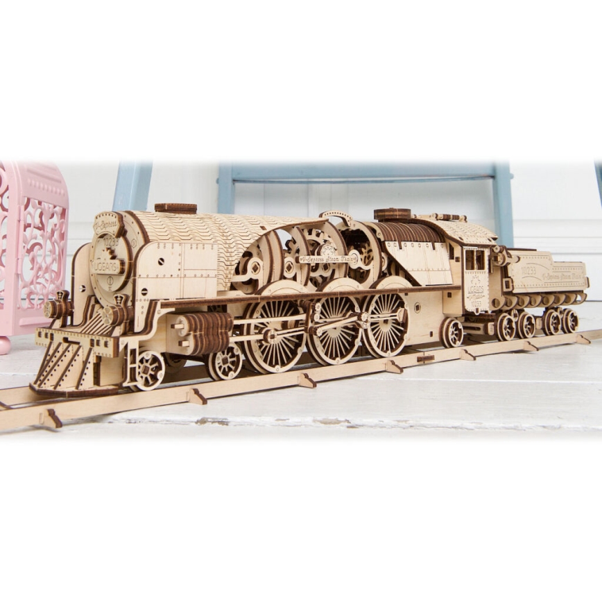 Ugears - Деревянная механическая 3D-головоломка V-Express паровоз с тендером