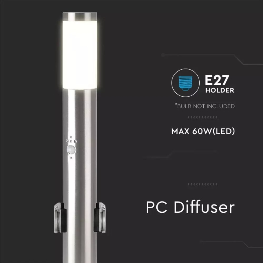 Уличная лампа с датчиком + 2 розетки SCHUKO 1xE27/60W/230V IP44 60 см матовый хром