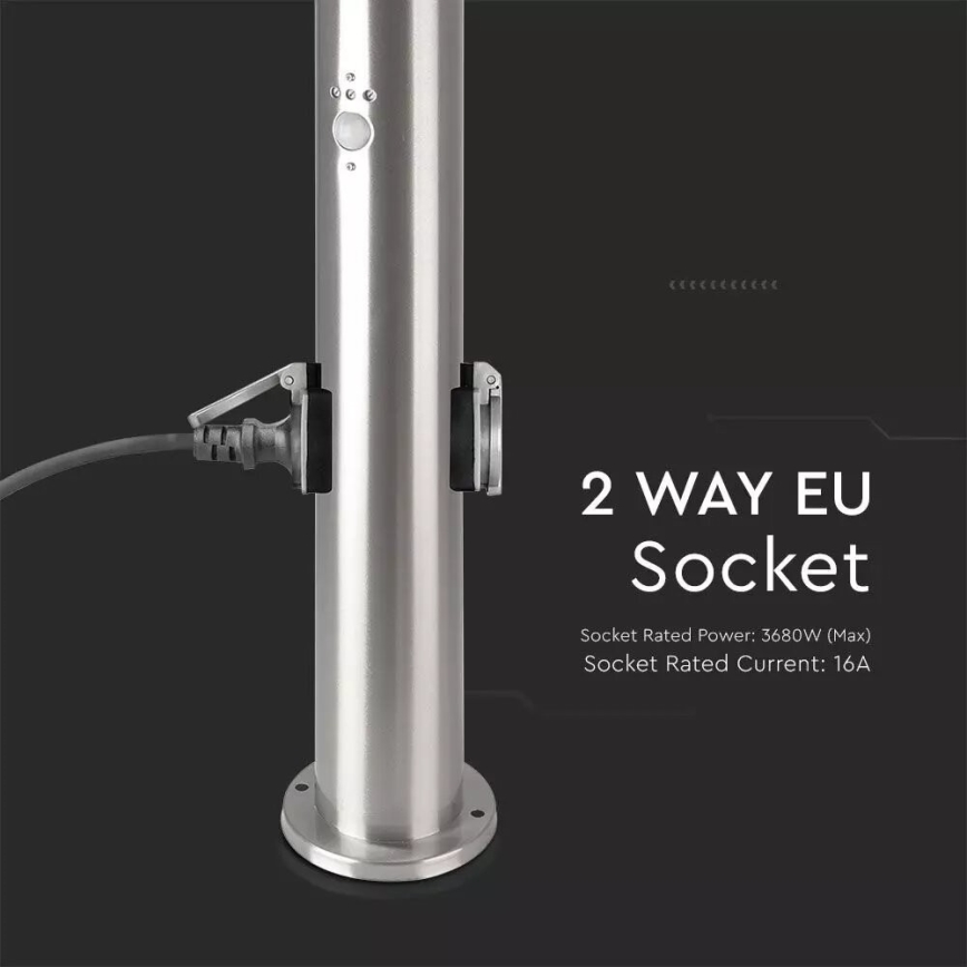 Уличная лампа с датчиком + 2 розетки SCHUKO 1xE27/60W/230V IP44 60 см матовый хром