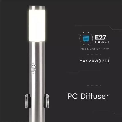 Уличная лампа с датчиком + 2 розетки SCHUKO 1xE27/60W/230V IP44 60 см матовый хром