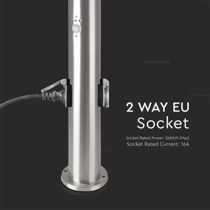 Уличная лампа с датчиком + 2 розетки SCHUKO 1xE27/60W/230V IP44 60 см матовый хром