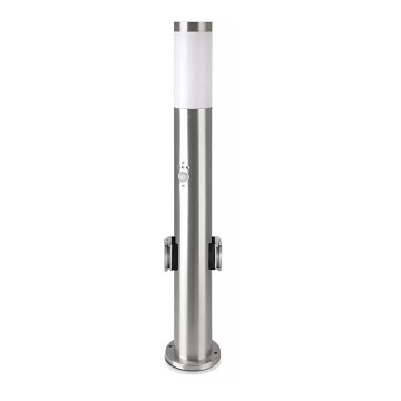 Уличная лампа с датчиком + 2 розетки SCHUKO 1xE27/60W/230V IP44 60 см матовый хром