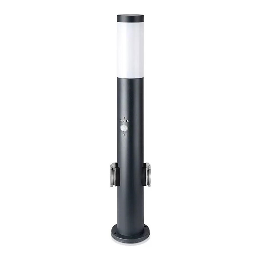 Уличная лампа с датчиком и 2 розетками SCHUKO 1xE27/60W/230V IP44 60 см черный