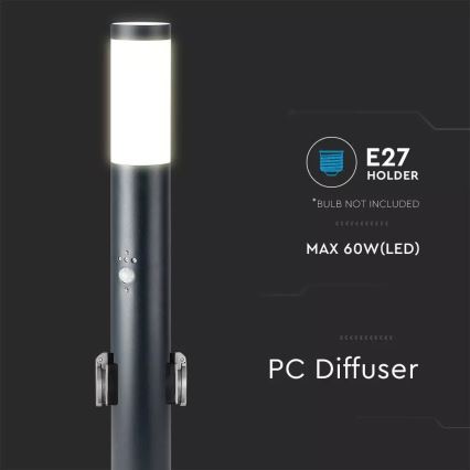 Уличная лампа с датчиком и 2 розетками SCHUKO 1xE27/60W/230V IP44 60 см черный