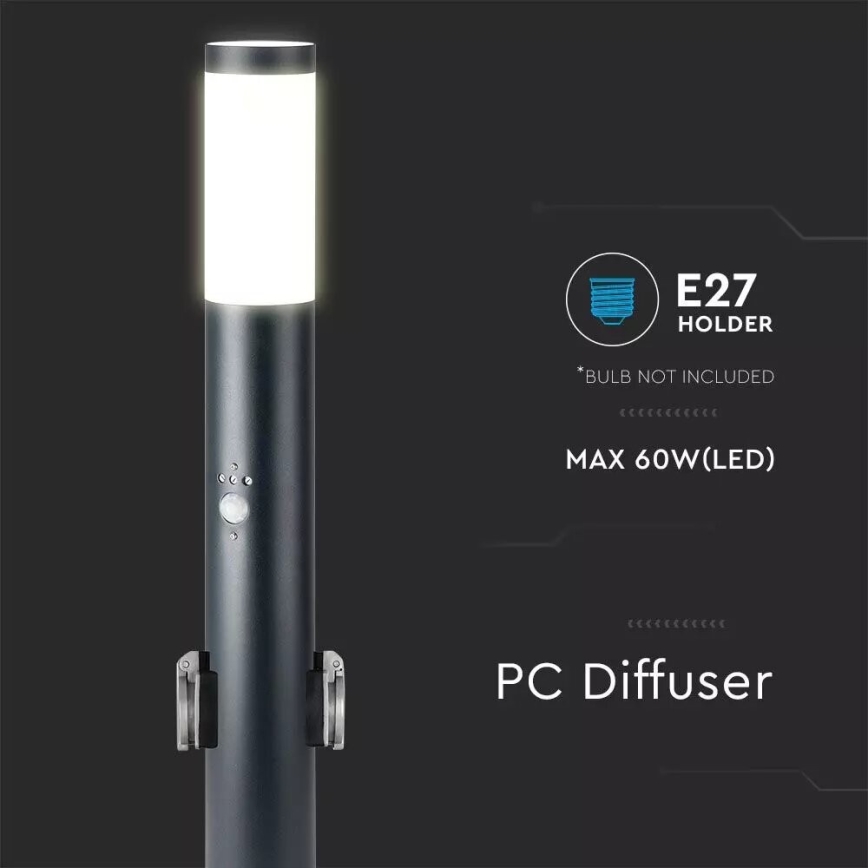 Уличная лампа с датчиком и 2 розетками SCHUKO 1xE27/60W/230V IP44 60 см черный