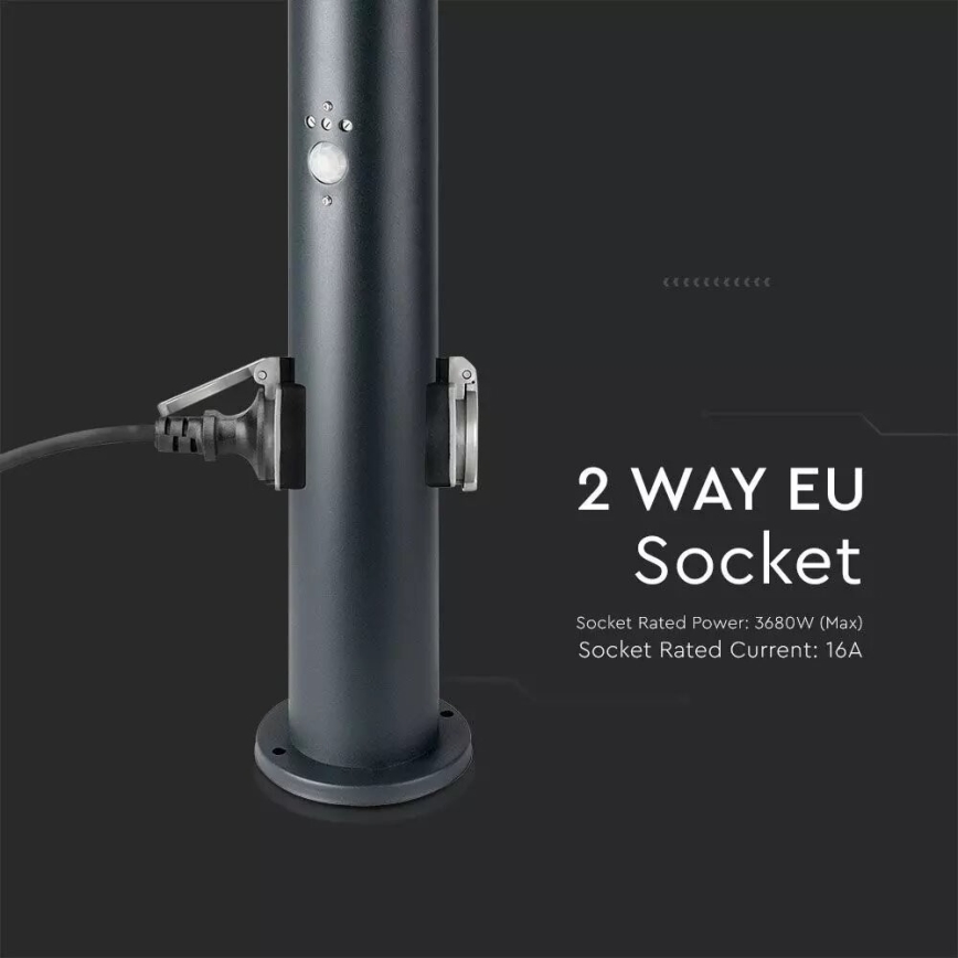 Уличная лампа с датчиком и 2 розетками SCHUKO 1xE27/60W/230V IP44 60 см черный