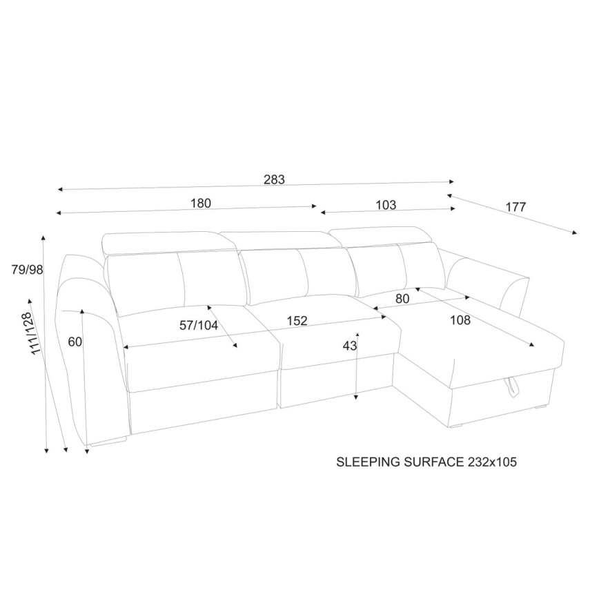 Універсальний кутовий розкладний тримісний диван із відсіком для зберігання TRENTO, сірий