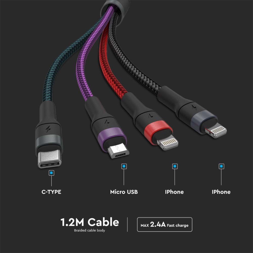 USB-кабель USB-A / USB Lightning  / MicroUSB / USB-C 1,2м цветной