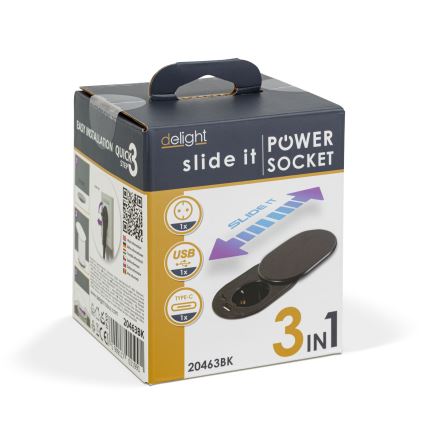 Вбудована розетка з висувною кришкою, 1 розетка + USB-C + USB-A, чорна