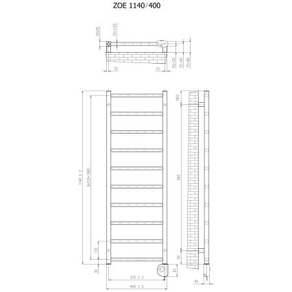 Vertaduro - полотенцесушитель для ванной с термостатом ZOE, 400 Вт, 114×40 см, белый
