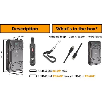 Viking - портативный аккумулятор (powerbank) с LED‑фонарём, беспроводной зарядкой и солнечной панелью, с поддержкой Power Delivery 22,5 Вт/10000 мАч