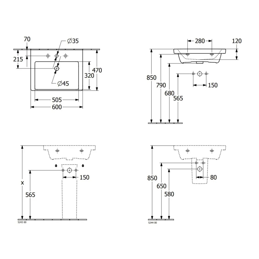 Villeroy & Boch 4A706001 - Настінний умивальник SUBWAY 3.0 60x47 см кераміка/біла