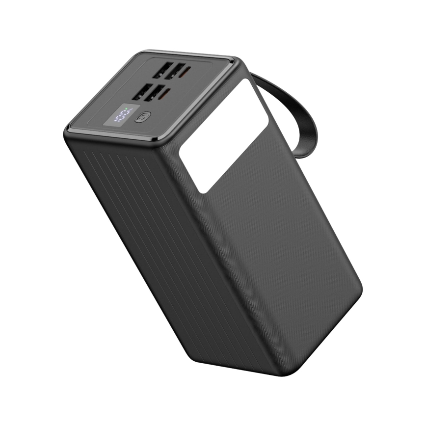 Внешний аккумулятор 60000 mAh 65W Power Delivery 4xUSB-A + 2xUSB-C c Светодиодный фонарик с крючком и магнитом и USB-C кабель 1m черная