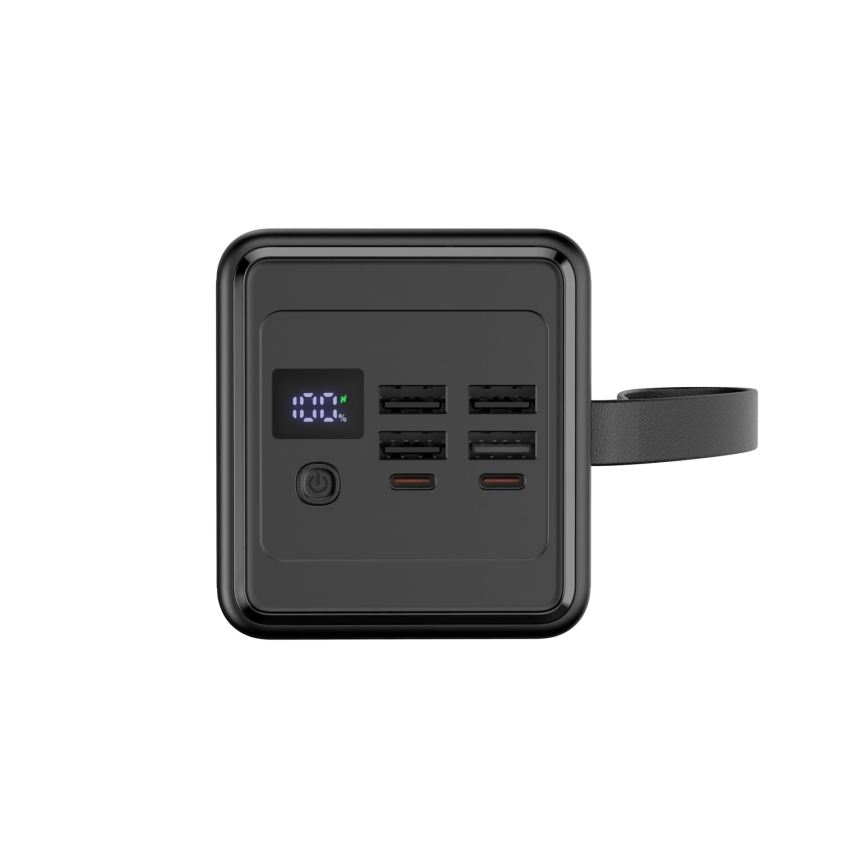 Внешний аккумулятор 60000 mAh 65W Power Delivery 4xUSB-A + 2xUSB-C c Светодиодный фонарик с крючком и магнитом и USB-C кабель 1m черная