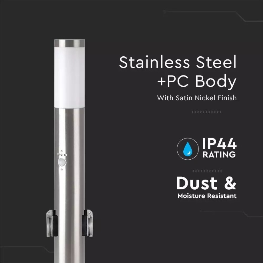 Вулична лампа з датчиком + 2 розетками SCHUKO 1xE27/60W/230V IP44 60см матовий хром